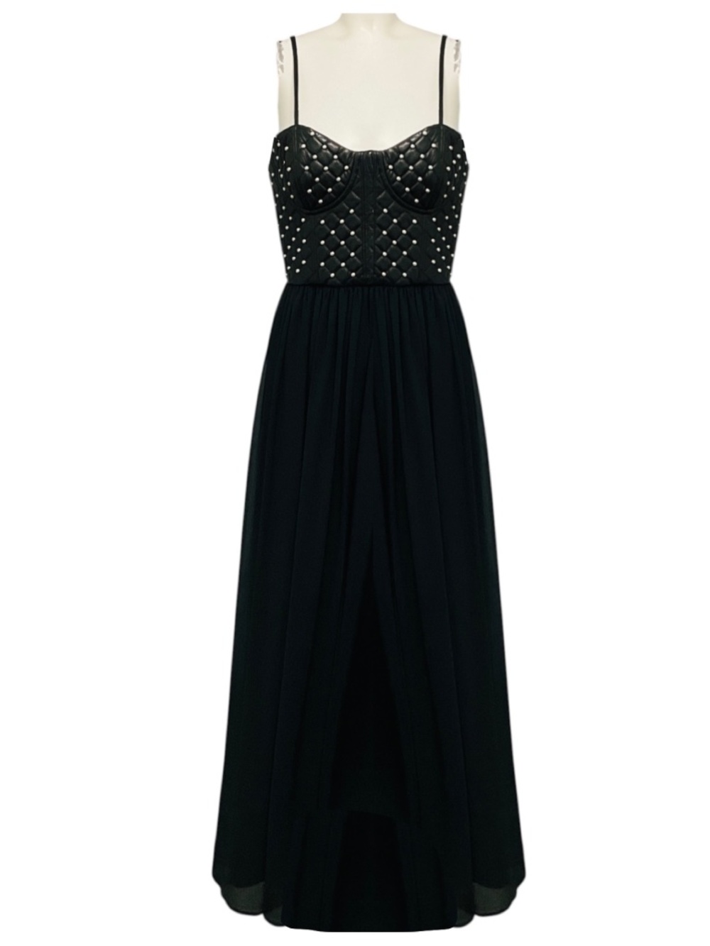 ALICE + OLIVIA BLACK EMBELLISHED QUILTED LEATHER AND CHIFFON MAXI DRESS
